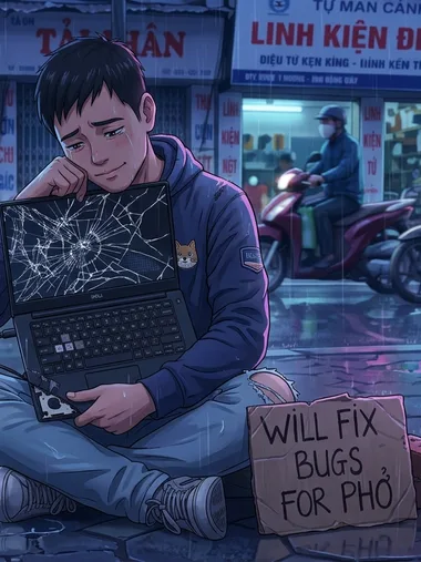 Tôi ngồi vỉa hè dưới mưa, ôm laptop vỡ màn, cạnh tấm bìa ghi WILL FIX BUGS FOR PHỞ